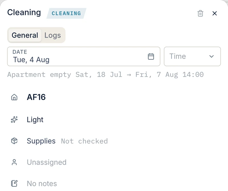 A cleaning record in The Quarters: Tuesday 4 August, apartment AF16, a light clean, supplies not checked, currently unassigned, with the dates the apartment is empty shown above it.